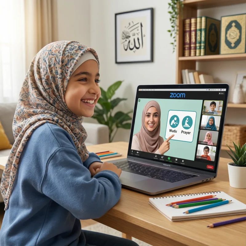 Student attending a live online Quran class with a certified teacher via Zoom