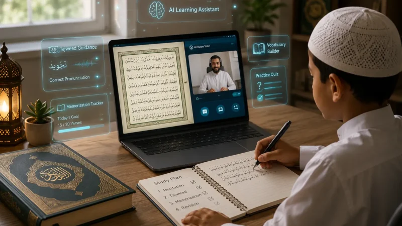 AI for Quran learning with a student studying the Quran using technology
