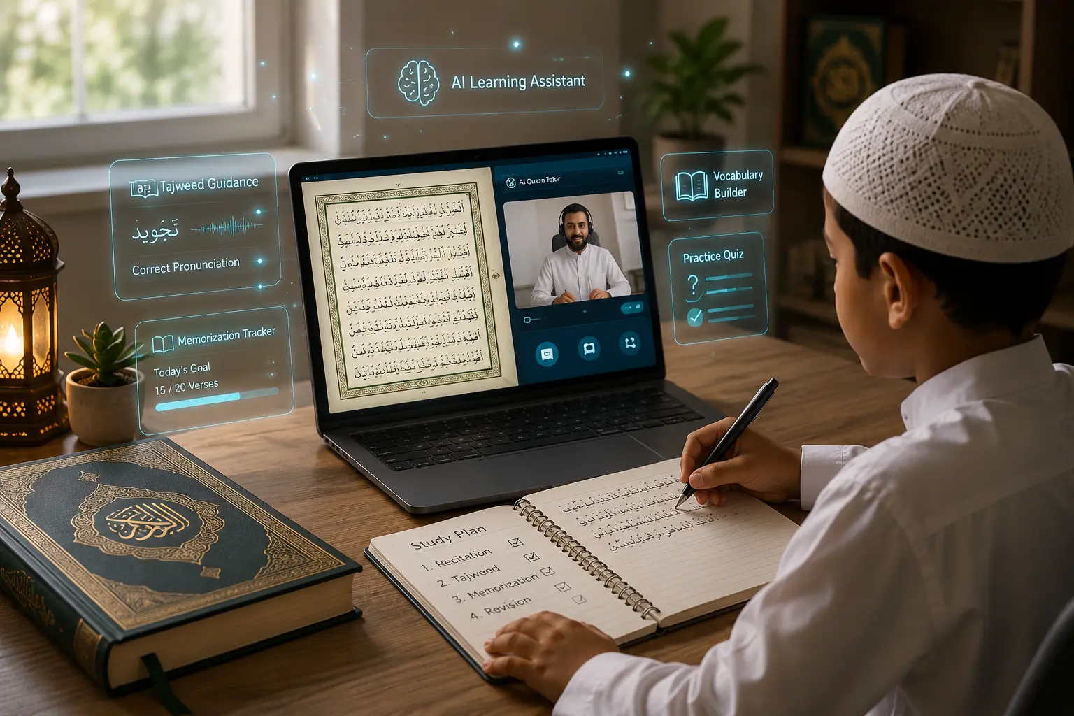 AI for Quran learning with a student studying the Quran using technology